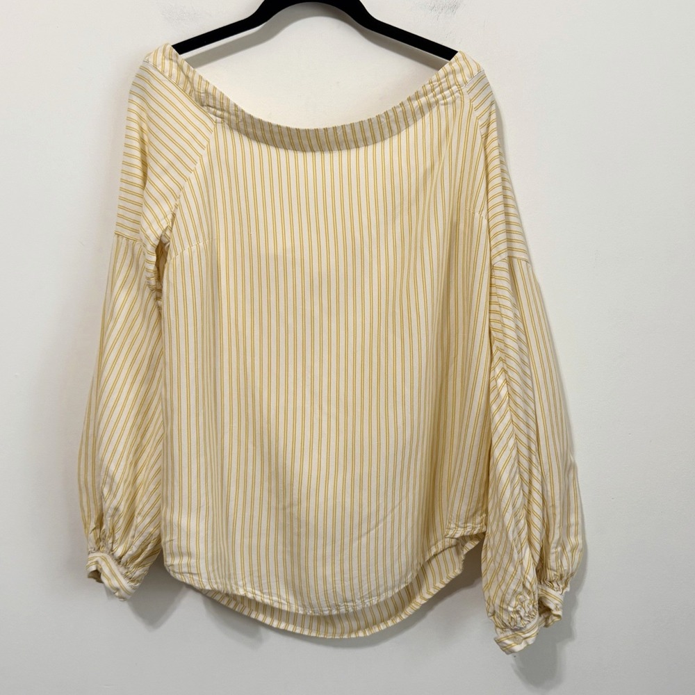 Anthropologie Maeve Cotile Off Shoulder Top 14 Yellow Stripe Balloon Sleeve Boho